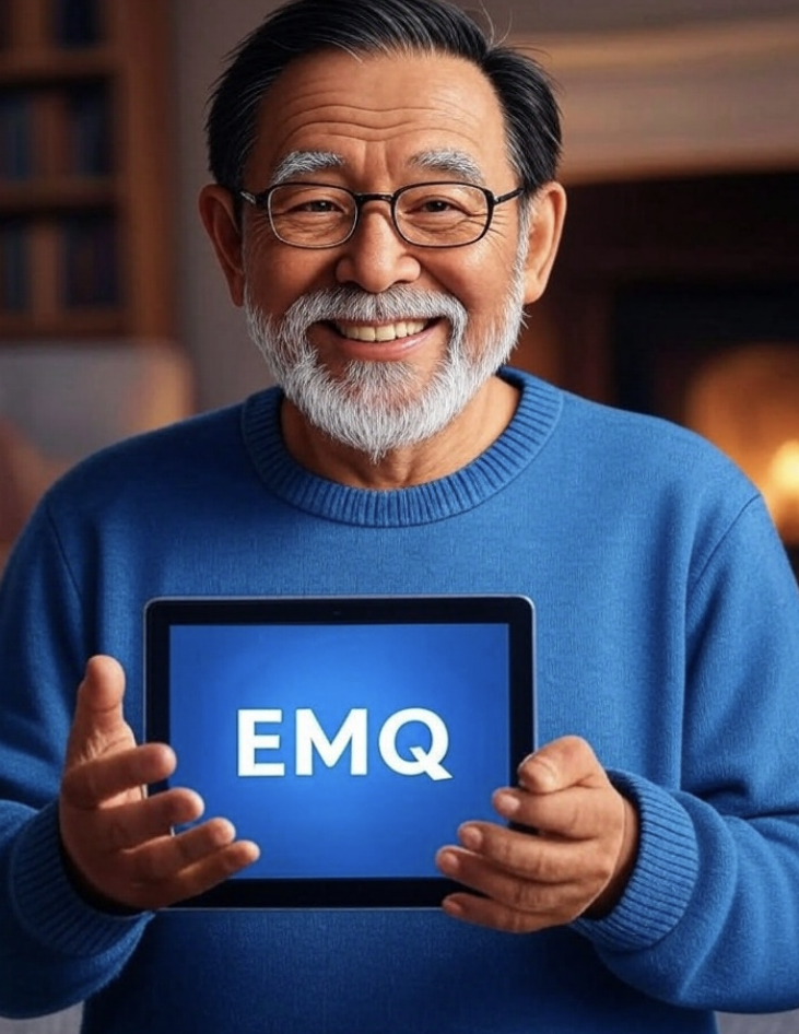 Grandpa Ted, 72-year-old AI instructor, smiling while holding EMQ tablet showing AI learning lessons for seniors over 50